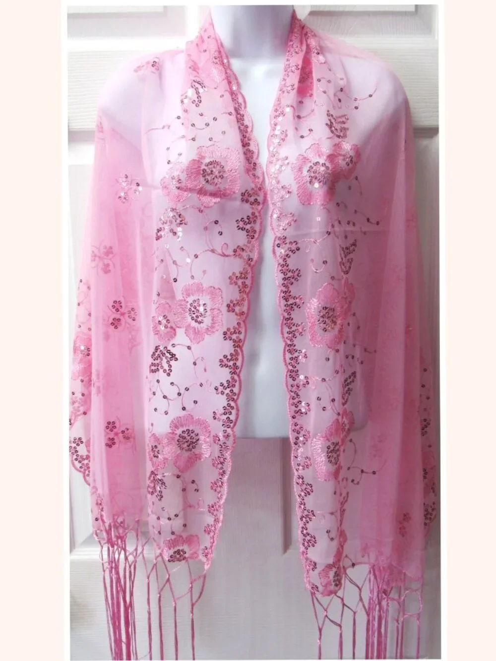 Light Pink Dressy Sequin Sparkle Fringed Scarf Shawl Wrap Wedding Bridal Formal - Picture 2 of 3